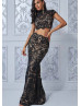 Two Piece Black Crochet Lace Charming Maxi Party Dress